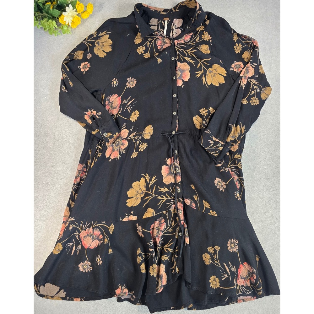 Free People Dress Womens Medium Black Floral Boho Drawstring Ruffle Hem Fall - Picture 8 of 13